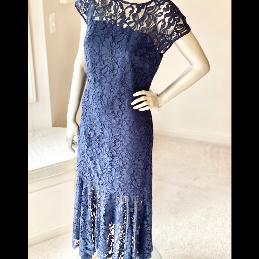 Navy Lace Cap Sleeve Midi Dress